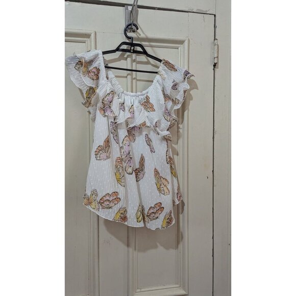 Cato Size 14/16WP  White Flutter Sleeve Butterfly Print Top blouse - Picture 3 of 6